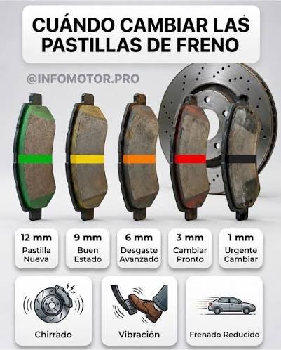Guía visual del desgaste de pastillas de freno: 12 mm nueva, 9 mm buen estado, 6 mm desgaste avanzado, 3 mm cambiar pronto, 1 mm urgente cambiar